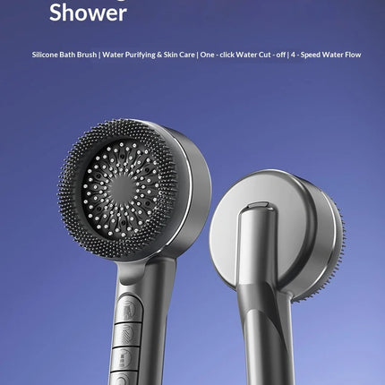 Soffione doccia autopulente a 4 modalità con spazzola in silicone, arresto acqua con un tasto, massaggio ad alta pressione, soffione in ABS con filtro