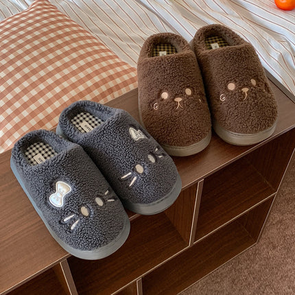 Cute Cat Winter Warm Slippers Women Men Fluffy Plush Home Shoes Red Bowknot Plaid Lining Indoor Bedroom Cotton Slides Mules New