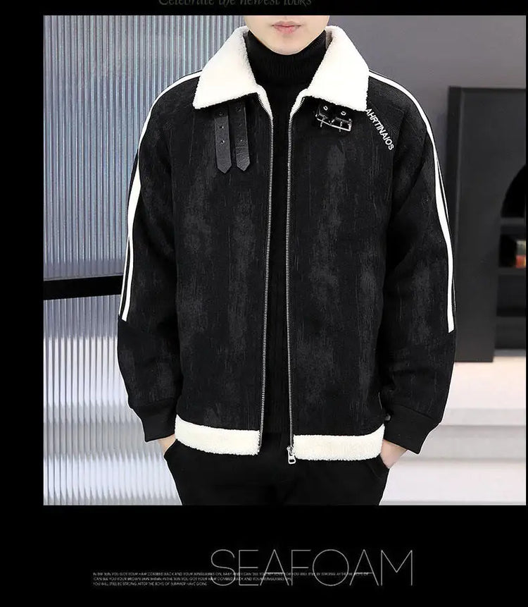 2024 Winter Woolen Motorcycle Jacket Men Thickened Velvet Casual Business Wool Blends Coat Hip Hop Social Streetwear Overcoat