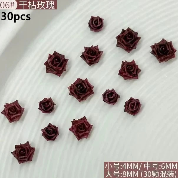 Delicate Dark Red Brown White Rose Flower Leaf Lily Tender Camellia Nail Charms Art Resin Decorations Manicure Tools Accessories