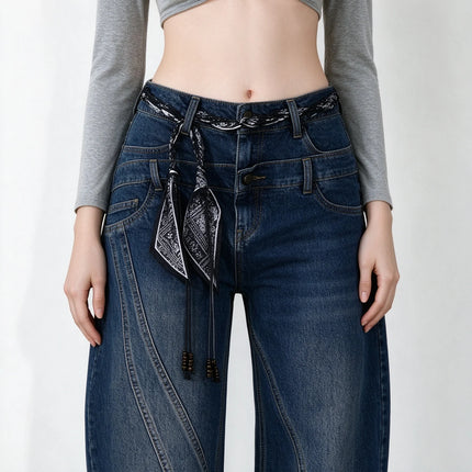 Women’s High-Waisted, Wide-Leg, Curved-Fit Jeans with Matching Scarf Belt Included, Vintage-Wash Blue Denim with Diagonal Stitching, Casual Retro-Style Trousers for Everyday Wear  FX-5380-1