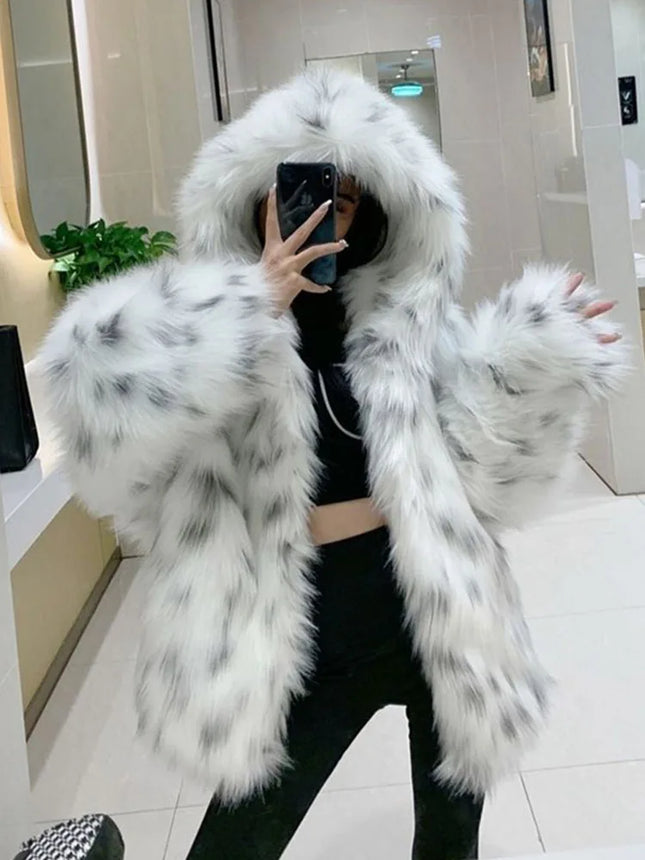 ZADORIN High Quality White Leopard Hooded Faux Fox Fur Coat Woman Clothing Thicken Long Sleeve Fluffy Jacket Oversize Outerwears