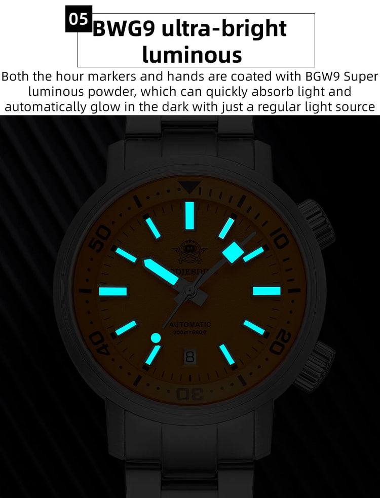 ADDIESDIVE 200M Automatic Dive Watch Men Japanese 8215 Sapphire Stainless Steel Luminous Mechanical Diving Wristwatch BGW9 Hands
