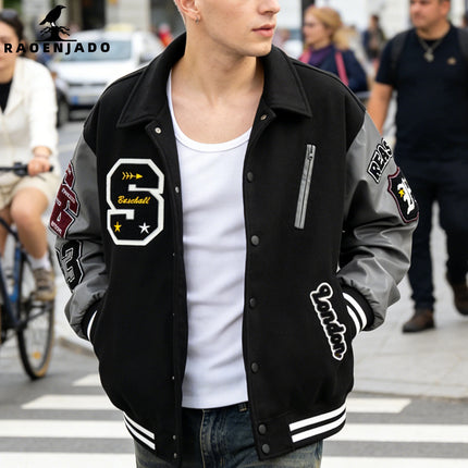 Men's Letterman Jacket Vintage Varsity Coat Patchwork Baseball Streetwear Outerwear with Faux Leather Sleeves & Fine Embroidery