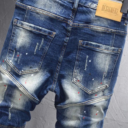 Street Designer Fashion Men Jeans Retro Blue Stretch Slim Fit Spliced Ripped Jeans Men Y2K Painted Vintage Denim Pants Hombre PlatiNum
