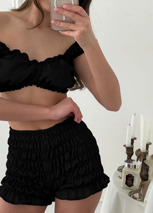 Pigiama da donna HiLoc in raso sexy, completo due pezzi con top corto e pantaloncini a vita elasticizzata con arricciatura, tinta unita, per casa.