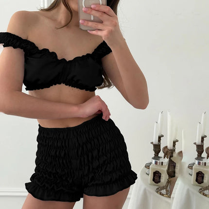Pigiama da donna HiLoc in raso sexy, completo due pezzi con top corto e pantaloncini a vita elasticizzata con arricciatura, tinta unita, per casa.