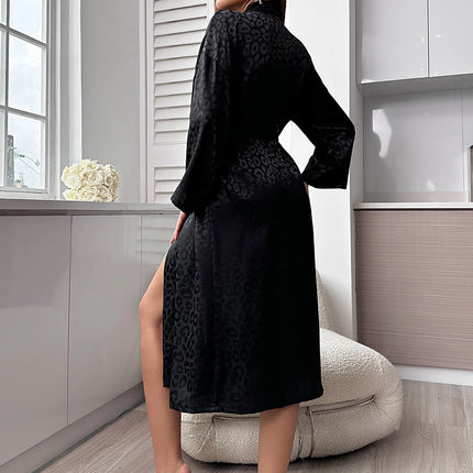 Vestaglia da notte con stampa leopardata, manica lunga, scollo a V, con cintura, pigiama da donna