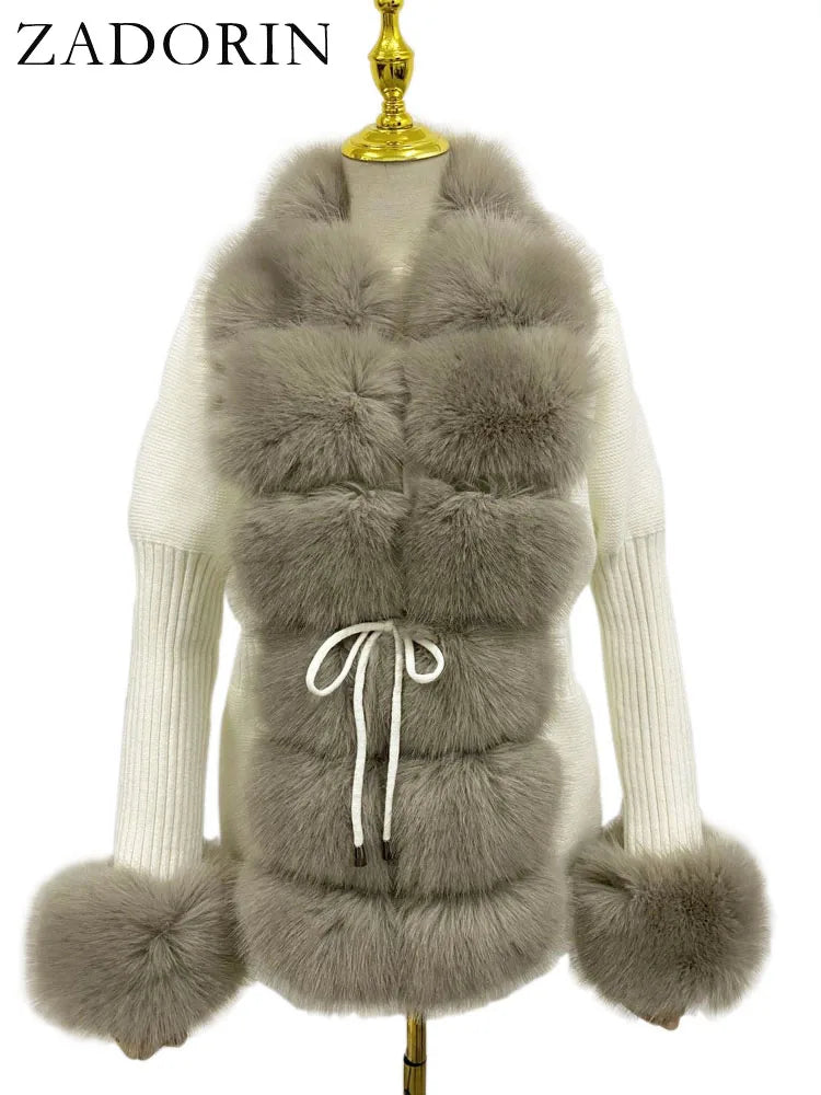 ZADORIN 2026 Chic Fur Cardigan Knitted Sweater Luxury Detachable Faux Fur White Pink Black Sweaters Cardigans Woman Tops Clothes