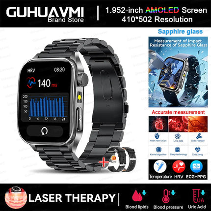 2025 Trattamento laser Tre Smartwatch alti 1.95 "Schermo curvo in zaffiro ECG + PPG Grasso nel sangue Acido urico Diagnosi salute Smartwatch platinumshop
