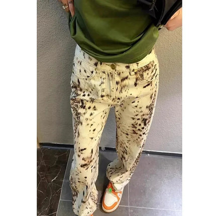 Jeans dritti a gamba larga con stampa leopardata Jeans retrò a vita alta da donna Streetwear Pantaloni vintage Y2k Pantaloni in denim da strada