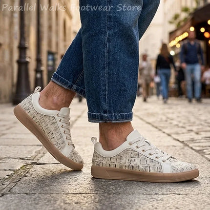 Mens Embossed Texture Casual Sneakers Lace Up Breathable Gum Sole Flat Walking Skateboard Shoes Luxury Design Footwear for Men