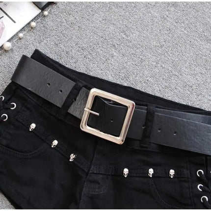 Korean Low Rise Denim Shorts 2024 - Riveted Lace Up Bodycon Black Hot Pants Vintage Cheeky Booty Summer TikTok Y2K Outfit PlatiNum