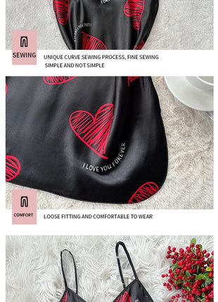 Camicia da notte sottoveste in raso con stampa labbra rosse per San Valentino, mini abito da notte senza schienale con scollo a V, abiti da notte da donna