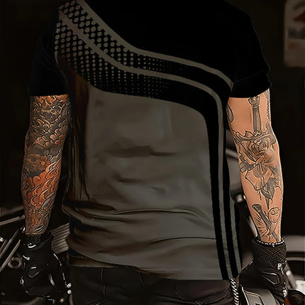 Men's Fashion Digital Print Short Sleeve T-Shirt in Black and Grey Stripes - Breathable Short Sleeve T-Shirt in Breathable Polyester