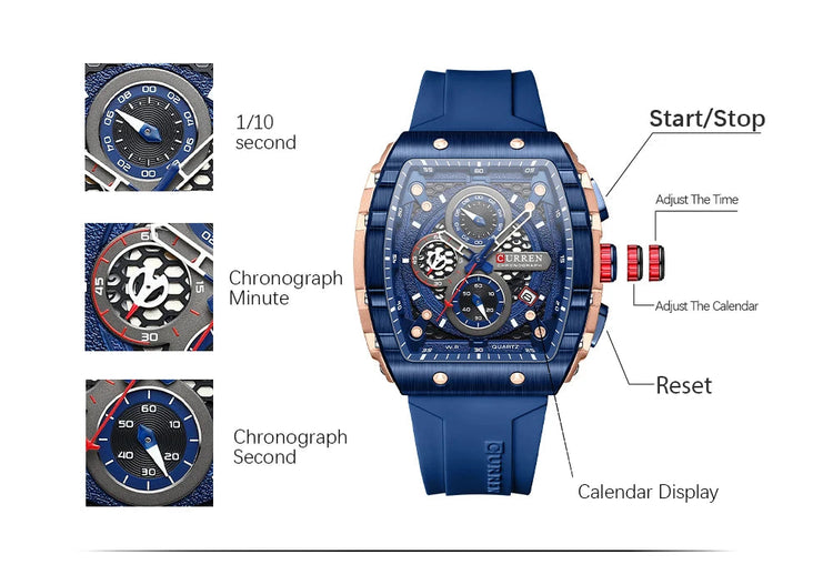 CURREN Orologio da uomo alla moda, marchio unico, design quadrato, lusso, nastro sportivo al quarzo, orologi da uomo impermeabili platinumshop