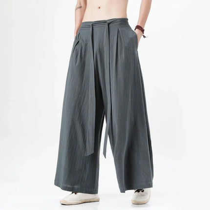 Pantaloni retrò in cotone e lino stile cinese Uomo Kimono estivo Pantaloni tradizionali in tinta unita Pantaloni casual a gamba larga streetwear maschile