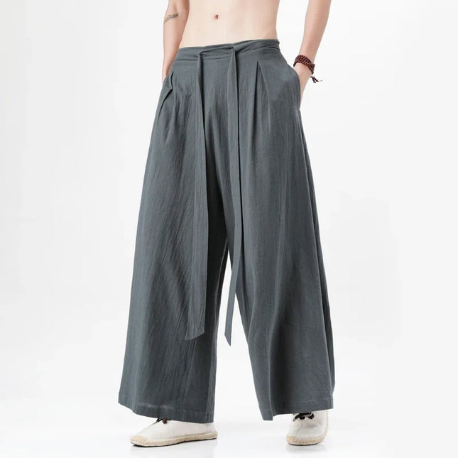 Pantaloni retrò in cotone e lino stile cinese Uomo Kimono estivo Pantaloni tradizionali in tinta unita Pantaloni casual a gamba larga streetwear maschile