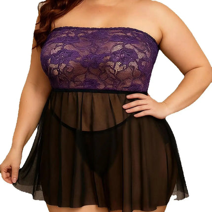 Women Plus Size Tube Top Lingerie Nightgown, Strapless Purple Floral Lace Sheer Mesh Mini Babydoll