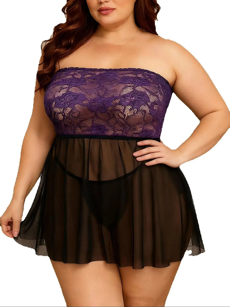 Women Plus Size Tube Top Lingerie Nightgown, Strapless Purple Floral Lace Sheer Mesh Mini Babydoll