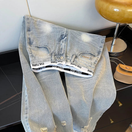 Jeans Vintage Americani Strappati e Patchwork per Donna, Blu Chiaro, Vita Alta, Gamba Larga, Pantaloni in Denim per Primavera e Autunno