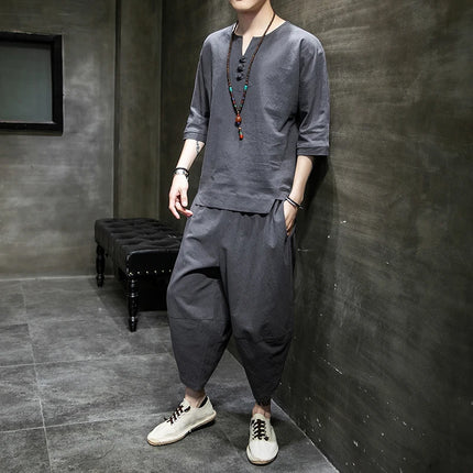 Stile giapponese due pezzi t-shirt pantaloni uomo uomo abiti Kimono maniche corte giappone Harajuku Yukata Cardigan Costume top pantaloni