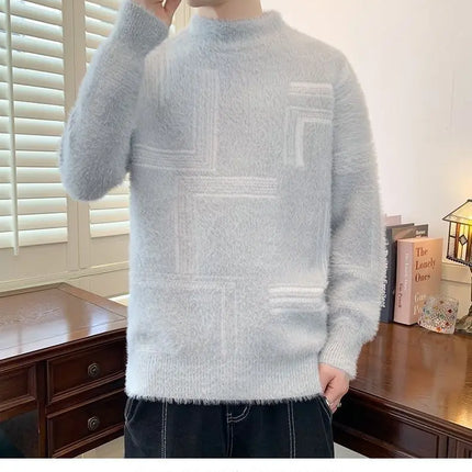 2025 Thickened Sweater Men's Autumn Winter Casual Half High Neck Pullover Knitwear Furry Korean Loose Simple Sweaters 3 Colors