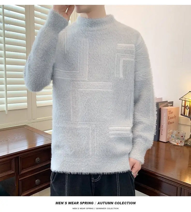 2025 Thickened Sweater Men's Autumn Winter Casual Half High Neck Pullover Knitwear Furry Korean Loose Simple Sweaters 3 Colors
