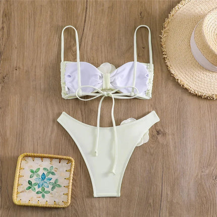 Costume da Bagno Sexy con Fiori e Fascia, Bikini a Perizoma 2025, Costumi da Bagno Donna con Lacci, Set Bikini Brasiliano, Biquini Mujer platinumshop