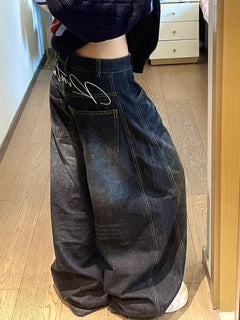 Jeans Casual da Donna Y2K Larghi e Comodi Blu Lavato Stile Vintage Cargo Pantaloni a Gamba Larga Oversize Y2K