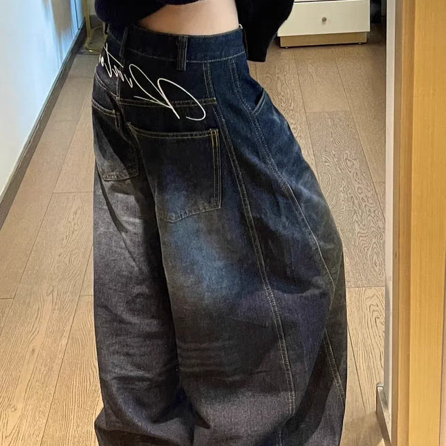 Jeans Casual da Donna Y2K Larghi e Comodi Blu Lavato Stile Vintage Cargo Pantaloni a Gamba Larga Oversize Y2K