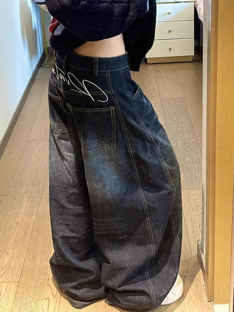 Women's Y2K Casual Loose Comfortable Blue Washed Vintage Style Cargo Wide Leg Oversize Jeans Y2K