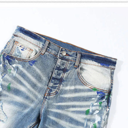 Street Fashion Men Jeans Retro Light Blue Stretch Skinny Fit Patched Ripped Jeans Men Painted Designer Brand Hip Hop Denim Pants PlatiNum
