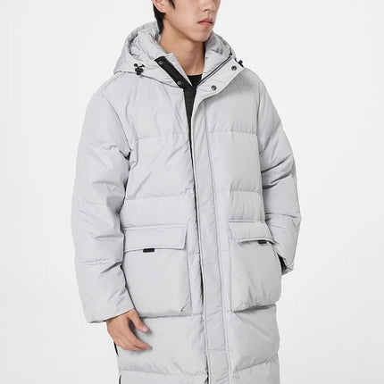 Metersbonwe Men's Long Hooded Down Jacket  Male Stand Collar Jacket with Hem Side Zipper Letter Printing Duck Down Padded Brand