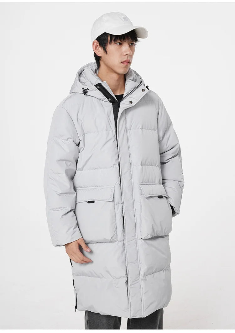 Metersbonwe Men's Long Hooded Down Jacket  Male Stand Collar Jacket with Hem Side Zipper Letter Printing Duck Down Padded Brand