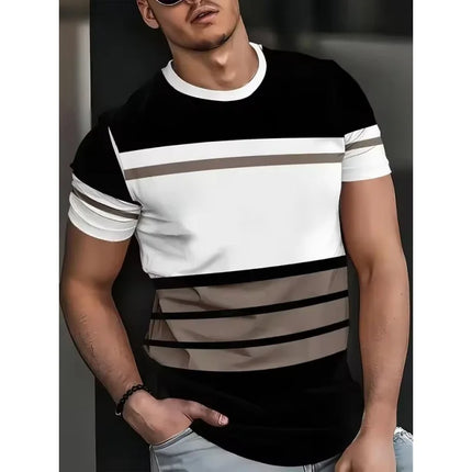 T-shirt con giunture geometriche stampate in 3D per uomo T-shirt con motivo a strisce colorate T-shirt casual estive con o-collo maniche corte larghe