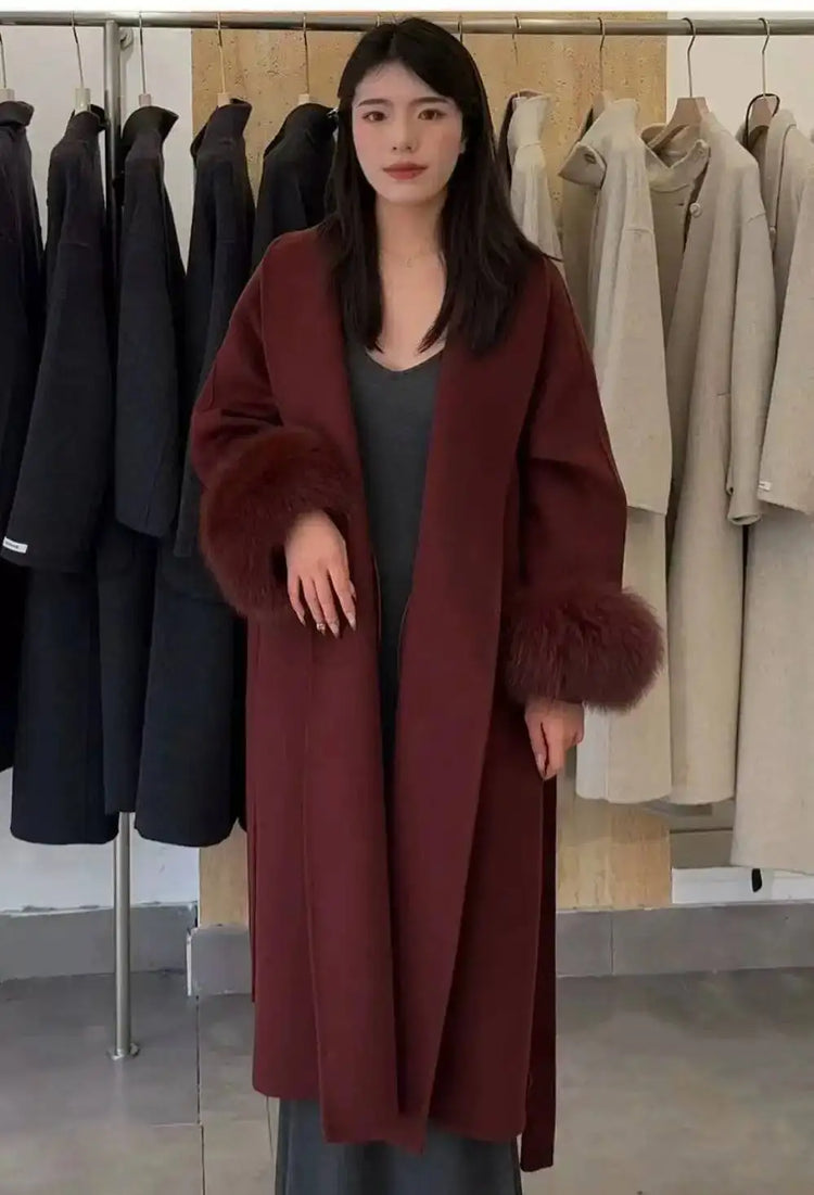 BJTZ Fox Fur Classic Long Double-Sided Pure Wool Coat For Women 2025 New Autumn Winter High-End Woolen Jacket
