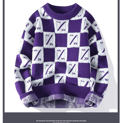 New Men's Fashion Round Neck Print Sweater Autumn Winter Contrast Color Printed Letter Long Sleeve Loose Casual Knitted Tops