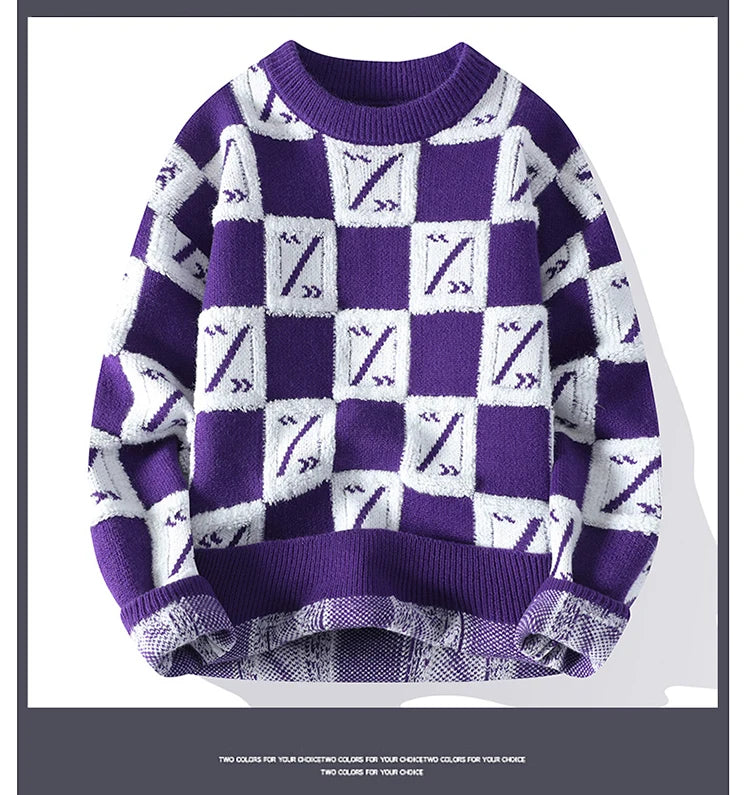 New Men's Fashion Round Neck Print Sweater Autumn Winter Contrast Color Printed Letter Long Sleeve Loose Casual Knitted Tops