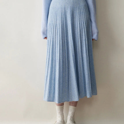 Chic Women's Cashmere Pleated A-line Skirt Autumn Winter 100% Cashmere Knitted Colorful Dots Decoration Elastic Waist Soft Dress PlatiNum