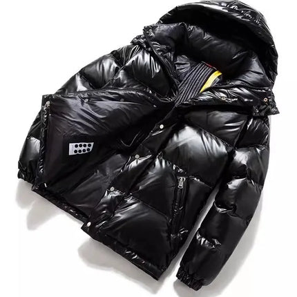 Fashion Mens Winter Mixed Colors Thick Warm 90% White Duck Down Jacket Bright Pu Leather Overcoat Streetwear Hooded Outwear Coat