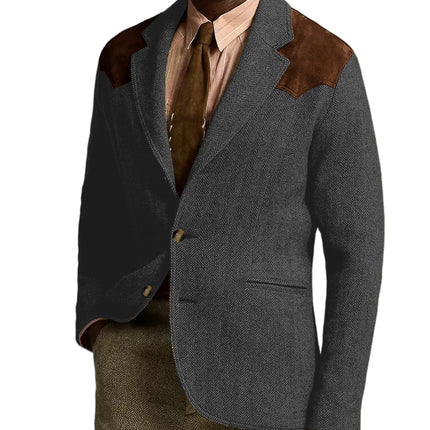 Herringbone Tweed Men's Blazer Jacket Wool Blend Suede Patch Shoulder Men's Sport Coat Business Casual Slim Fit For Oktoberfest