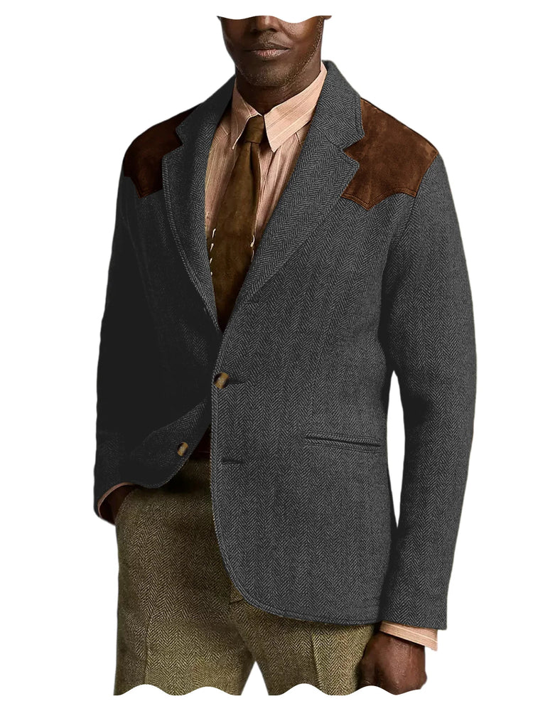 Herringbone Tweed Men's Blazer Jacket Wool Blend Suede Patch Shoulder Men's Sport Coat Business Casual Slim Fit For Oktoberfest