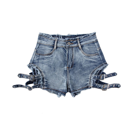 Shorts in denim sexy da donna per discoteca, bar, performance di danza, pantaloni tagliati, con fibbia erotica, per ragazze hot, stile Goth Rock, che esaltano la figura - platinumshop