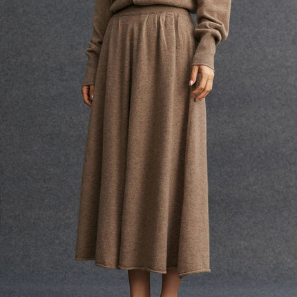 New Women's 100% Pure Cashmere Knitted Full Skirt Autumn Winter High Waisted Mid-calf Ankle-Length Soild Dress Versatile Elegant PlatiNum