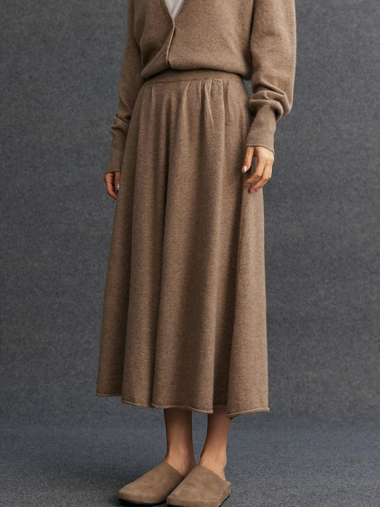 New Women's 100% Pure Cashmere Knitted Full Skirt Autumn Winter High Waisted Mid-calf Ankle-Length Soild Dress Versatile Elegant PlatiNum