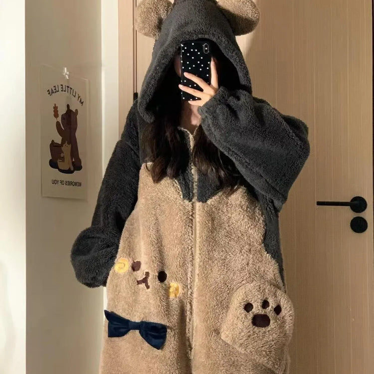 Girls Cartoon Bunny Kigurumi Onesie Pajamas Winter Thick Plush Fleece Hooded Jumpsuit Sleepwear Cute Bow Homewear Loungewear