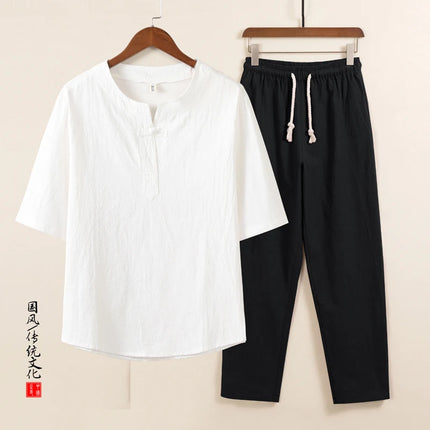 Set da due pezzi da uomo (camicie + pantaloni) in cotone di lino comodo abito Tang pantaloni Kungfu larghi nuova camicia casual retrò a maniche corte da uomo
