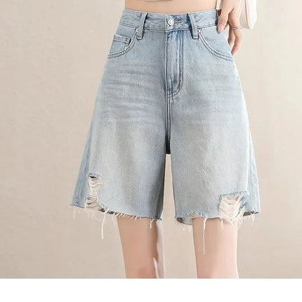 Blue Denim Shorts For Women High-Waisted Loose-Fit Slimming Casual Straight-Leg Mid-Length Summer New Arrival 2024 PlatiNum