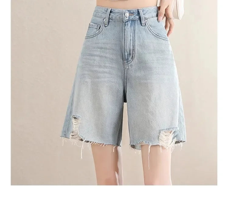 Blue Denim Shorts For Women High-Waisted Loose-Fit Slimming Casual Straight-Leg Mid-Length Summer New Arrival 2024 PlatiNum